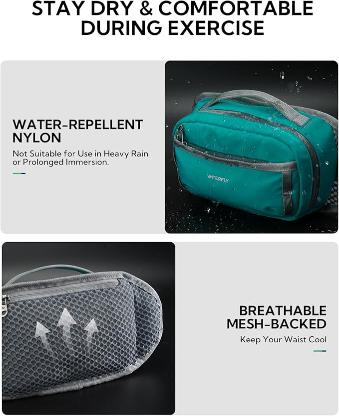 WATERFLY Fanny Pack Waist Bag: 2.3L RFID Blocking Anti-Theft Crossbody Bags with Bellows-Style Opening, Breathable Casual Hip Pack for Women Men Traveling Walking Hiking-Cyan