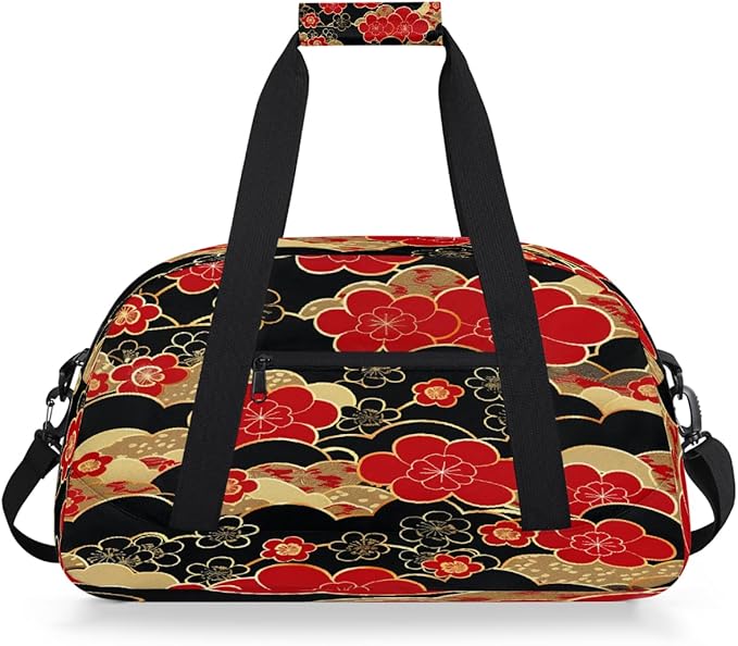 Sports Duffel Bags, Red And Black Japanese Cherry Blossoms Water-Resistant Gym Duffle Bag for Men Women, Lightweight Weekender Overnight Bag for Fitness, Workout, Travel