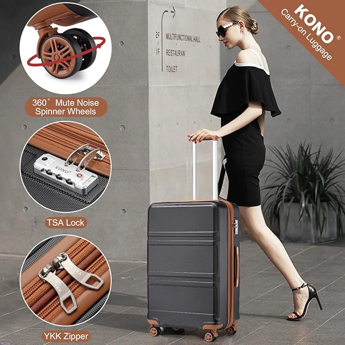 Kono 4 Piece Luggage Sets Expandable(only 28") with Spinner Wheels TSA Lock Lightweight PC+ABS Hardside Travel Rolling Suitcases 20in 24in 28in Carry on and 12in Mini Cosmetic Case Apricot Black