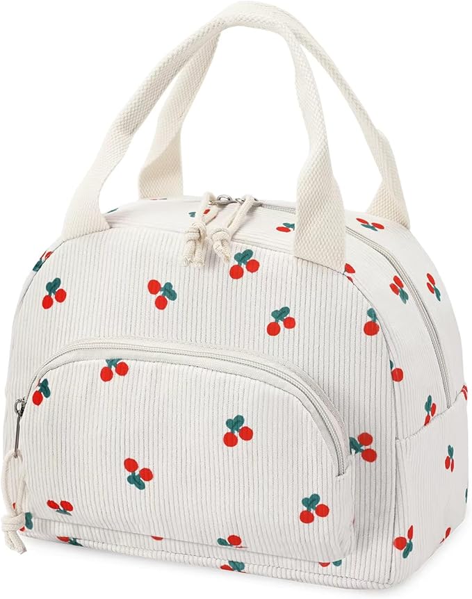 Lunch Bag Women Lunch Box for Women Adult Cute Insulated Lunch Bag Small Cooler Lunch Tote Bags for Work Picnic School (Beige-Cherry)