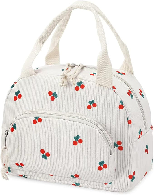 Lunch Bag Women Lunch Box for Women Adult Cute Insulated Lunch Bag Small Cooler Lunch Tote Bags for Work Picnic School (Beige-Cherry)