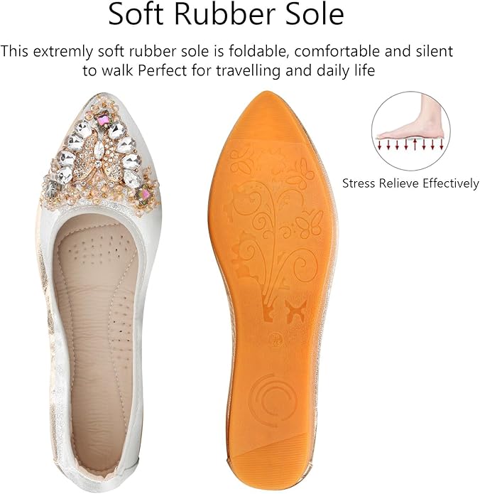 KUNWFNIX Women Ballet Flats Rhinestone Wedding Ballerina Shoes Foldable Sparkly Comfort Slip on Flat Shoes