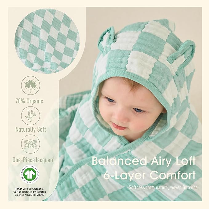 Ultra-Soft Muslin Toddler Hooded Towel - 55 x 28 Inches, Ideal for Bath & Beach, Suitable for Both Boys & Girls from Newborns to Toddlers Green Check