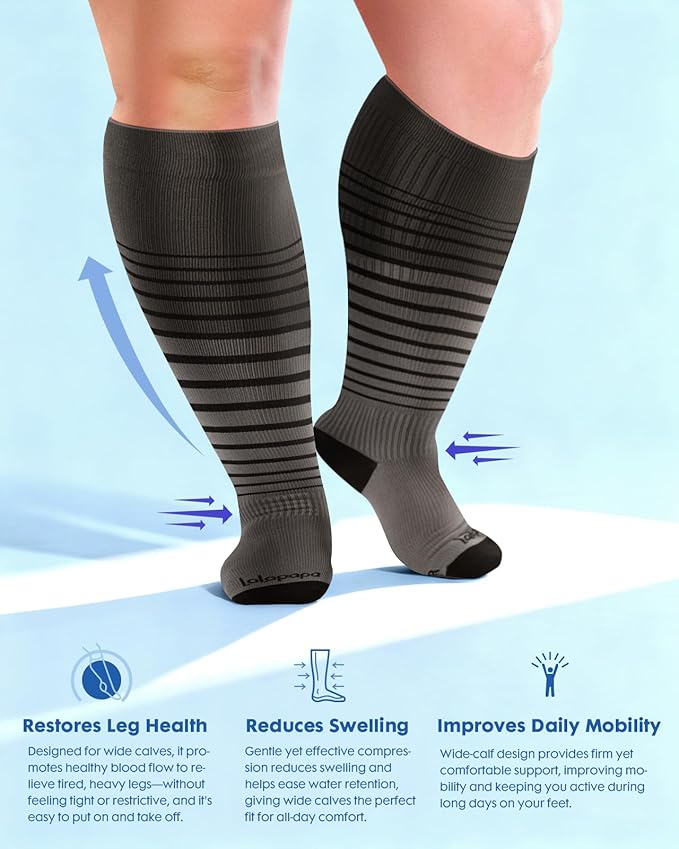 Wide Calf Compression Socks for Women - 3-Pair Plus Size 20-30mmHg Ankle Support Easy on off Socks for Travel Nurse