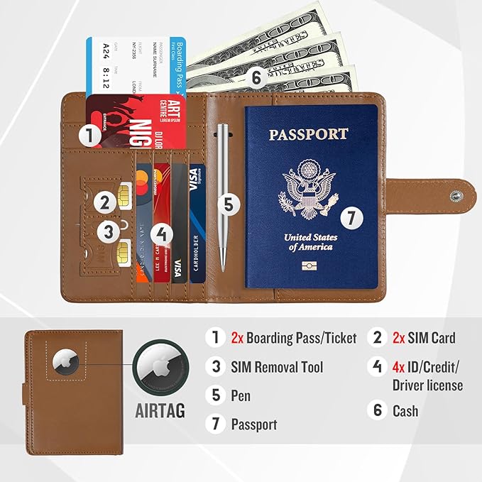 Passport Holder with Airtag Slot Cards Cash Air Ticket Pocket, Travle Gifts for Women Men RFID Blocking Wallet, Passport Book Cover Case Brown