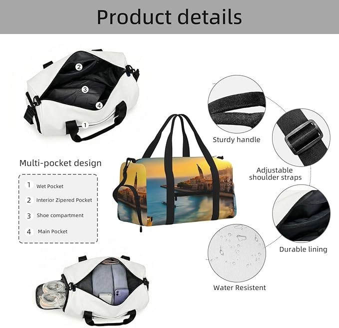 Sunset in Barcelona Print Gym Bag with Shoe Compartment for Women Men, 17.7in Sports Duffle Weekender Tote, Overnight Travel Duffel Bag Carry On