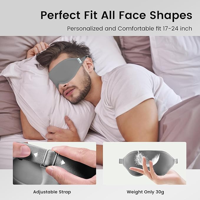Audree Sleep Eye Mask for Men and Women - Perfect Blackout 3D Eye Mask for Restful Sleep | 100% Light Blocking with Nose Bridge Design | Soft Comfort Eye Shade Cover for Travel, Yoga, Naps (Gray)