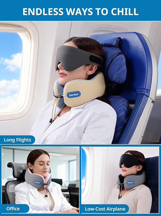 Neck Pillow, Real Neck Support Travel Pillow with Strap, Combo with 3D Eye Mask for Sleep, Dual-Density Supportive Foam Neck Pillow for Airplane Flights, Car Road Trip Travel Essentials Gray