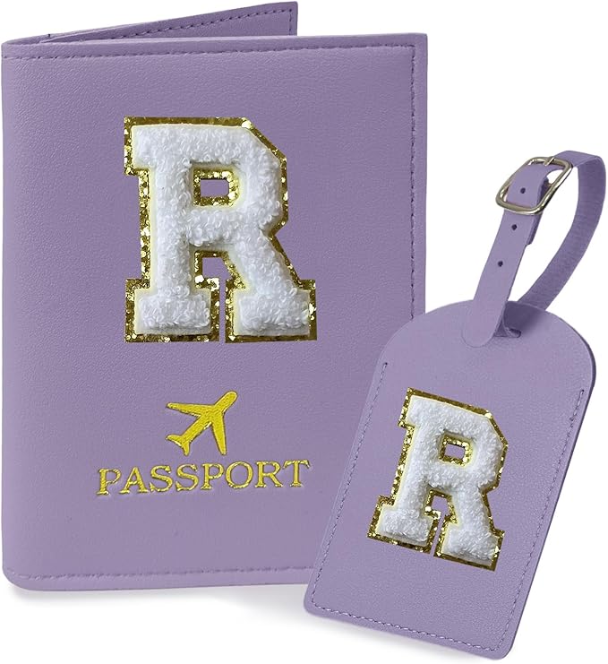 COSHAYSOO Purple Passport Cover and Initial Luggage Tag Set TSA Approved with Preppy Chenille Letter Patch for Women Girl Friends, Trendy Travel Bag Backpack Suitcase Identifier Thanksgiving Gifts (R)