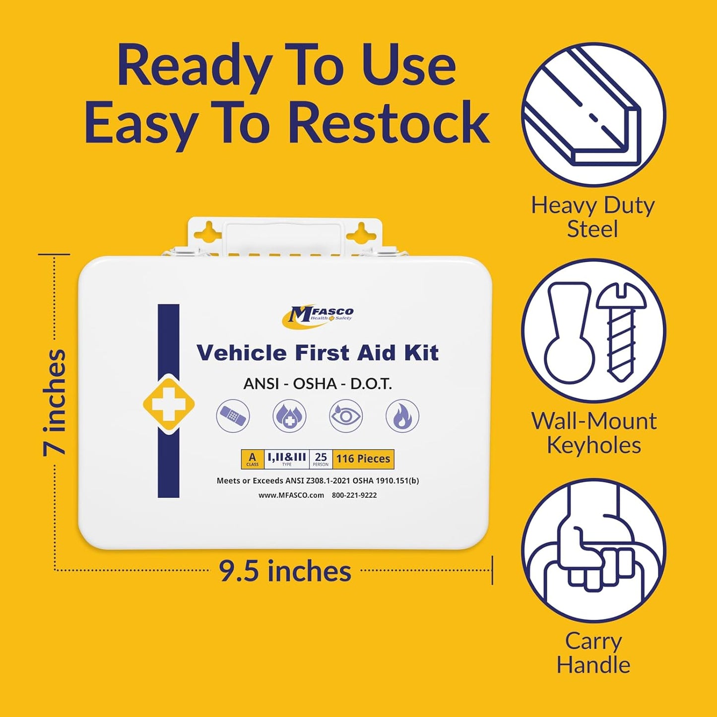 MFASCO Vehicle First Aid Kit - DOT/ANSI/OSHA Compliant - Metal - Portable & Mountable - Waterproof - First Aid Kits for Businesses, Construction, Commercial Vehicles, Workplaces - 115 Pcs