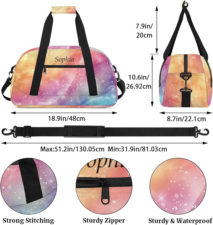 Custom Name Glitter Rainbow Girls Gym Travel Duffle Bag with Front Zipper Pocket Personalized Sports Bag for Overnight, Weekender, Carry On,Workout & Dance, 18.9 * 8.7 * 10.6 in