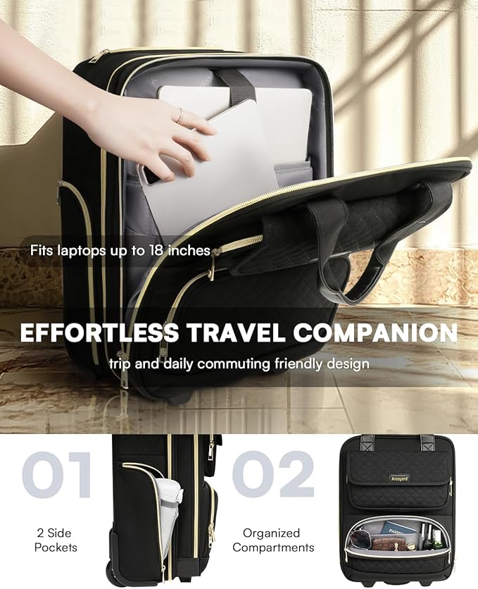 Underseat Carry On Luggage with Wheels, Airline Approved Personal Item Luggage, 16-Inch Multi-functional Underseat Luggage, Lightweight Overnight Suitcase for Women, Bussiness, Travel, Black