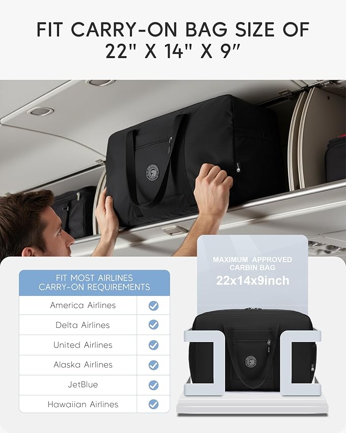 2 Packs Carry on Bag 22x14x9 Airlines Approved, 48L Canvas Travel Duffel Bags for Men Women Duffle Bag for Airplane Weekender Overnight Gym, (Black+Khaki)