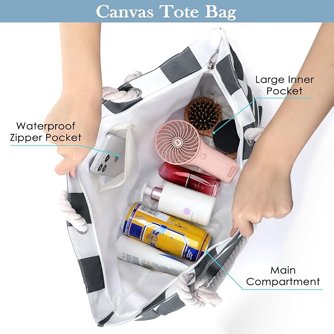Pleneal Beach Bags For Women - Large Beach Bags with Zipper Waterproof Sandproof Swim Pool Beach Bag