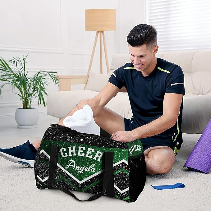 Personalized Green Cheerleader Black Sequin Print Duffle Bag with Name for Women Man Custom Multifunctional Travel Perform Training Bag Luggage Bag