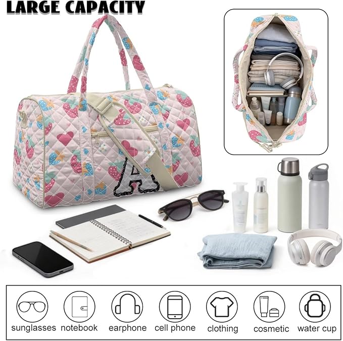 COEQINE Print Quilted Travel Duffle Bag For Women Travel Pink Heart Initial Name A-Z Personal Item Travel Bag with Shoulder Strap and Trolley Sleeve Large Packable Travel Bag