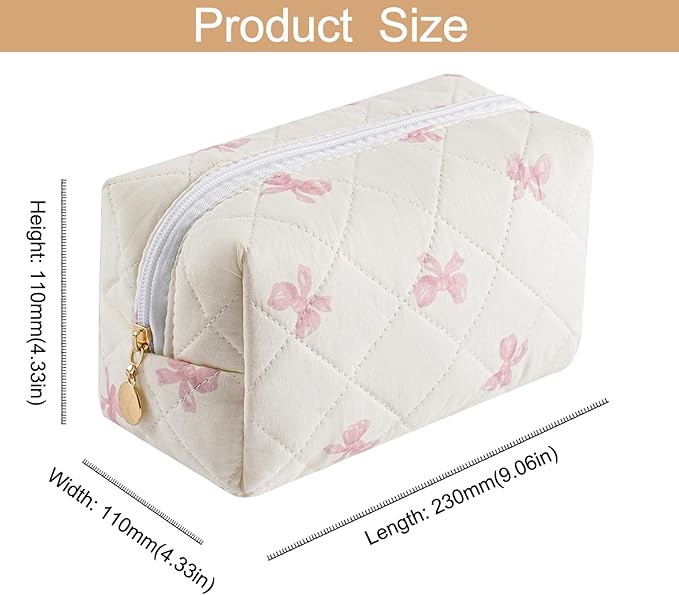 Makeup Bag Travel Cosmetic Bag for Women Girls, Zipper Make Up Pouch, Floral Flowers Toiletry Organizer Makeup, Portable Storage Bag, Cosmetic Travel Cloth Bag (Pink Bow Tie)