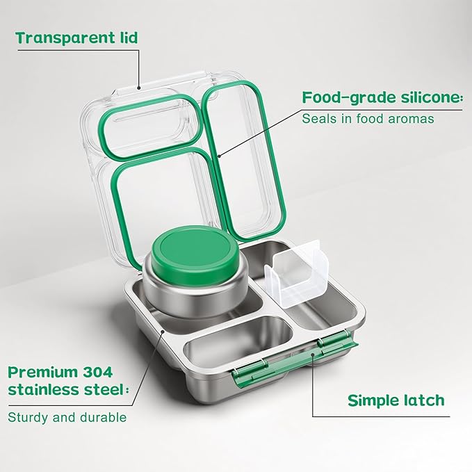 Stainless Steel Bento Box Kids Adult with 7oz Insulated Food Jar, Transparent Lid Metal Lunch Box With Soup Thermal Jar, Lunch Box Container with Removable Divider & Sauce Cup School (Green)