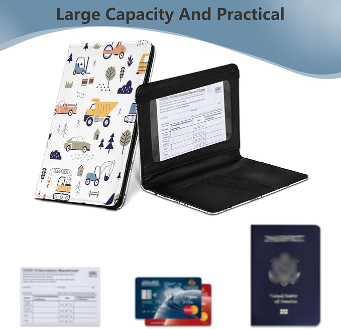 linqin Hand Drawn Construction Machines Passport and Vaccine Card Holder Combo Leather Passport Case 4x3 CDC Vaccination Card Protector/Covers Waterproof Wallet for Travel