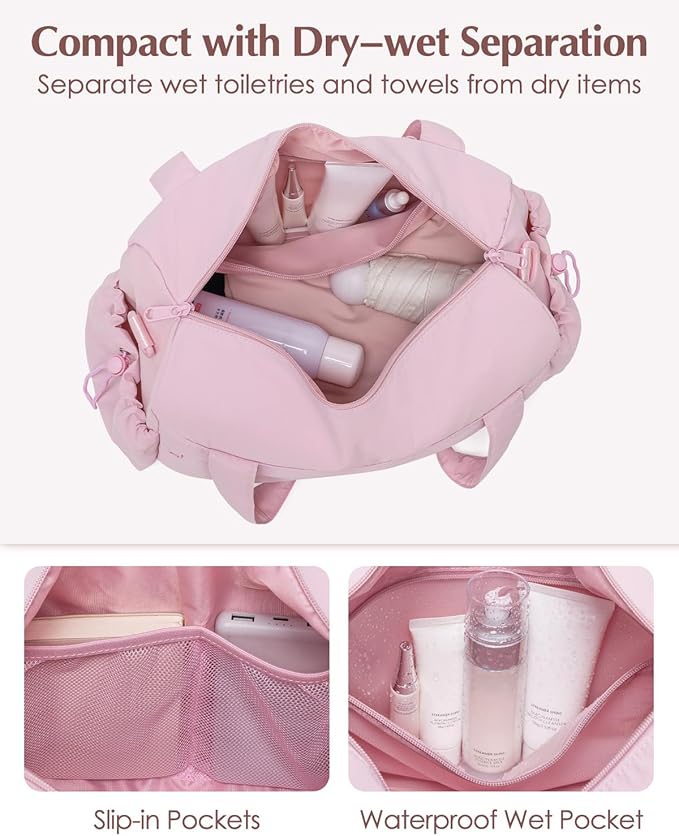 Small Gym Bag, Mini Gym Bag for Women with Yoga Mat Holder and Wet Compartment, Cute Mini Puffer Duffle Bag with Water Bottle Pocket for Workout Yoga Dance, Puffer Pink