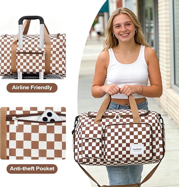 WOOMADA Foldable Travel Duffel Bag for Women, Weekender Bags with Shoes Compartment,Overnight Bag with Wet Pocket & Trolley Sleeve(brown checkerboard)