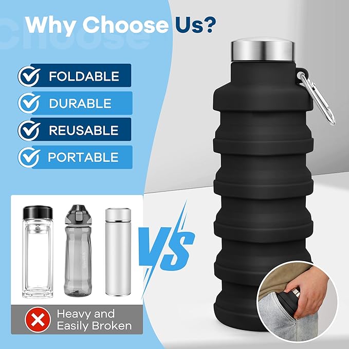 Collapsible Water Bottles 17oz, Portable Leak-Proof Travel Water Bottle, Reusable BPA Free Silicone Foldable Water Bottle with Carabiner for Gym, Traveling, Camping, Hiking, Sports(Black+Pink)