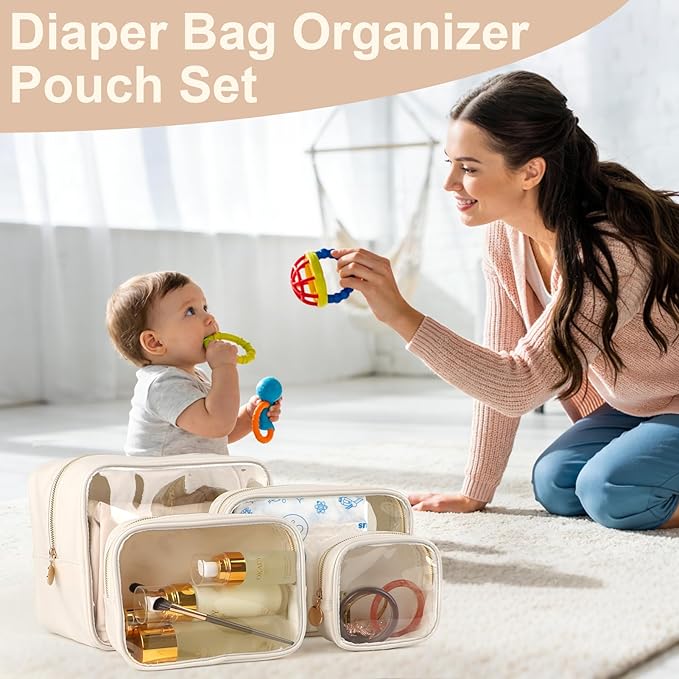 2PCS Clear Makeup Bag Set, Waterproof TPU Purse Organizer Pouches, TSA Approved Toiletry Bag, Diaper Bag Organizer Pouch, Travel Organizer Bags for Women and Kids