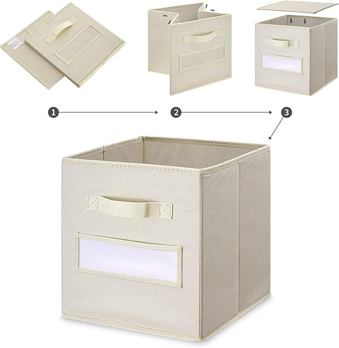 artsdi 13x13x13 storage cube bins(Set of 8) Fabric storage cubes with 8 Labels Window Cards & a Pen, storage cubes 13x13, Collapsible 13 inch cube storage bins, Cubby Boxes, Beige