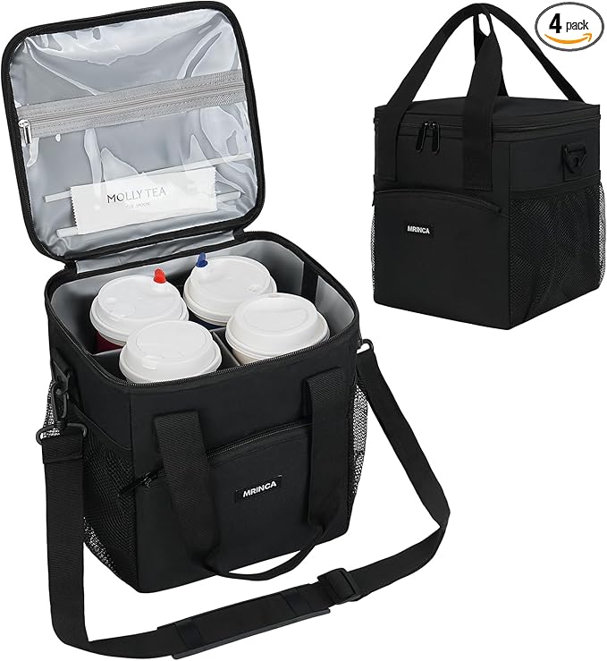 4 Cup Drink Carrier, Reusable Insulated Cup Holder Bag with Leakproof Zippered Lid & Adjustable Dividers, Portable Tote with Shoulder Strap for Delivery, Travel, Coffee