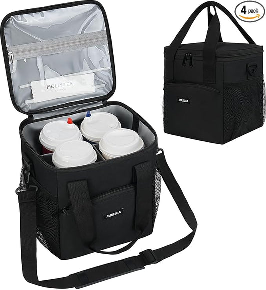4 Cup Drink Carrier, Reusable Insulated Cup Holder Bag with Leakproof Zippered Lid & Adjustable Dividers, Portable Tote with Shoulder Strap for Delivery, Travel, Coffee