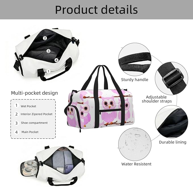 Cute owl Print Gym Bag with Shoe Compartment for Women Men, 17.7in Sports Duffle Weekender Tote, Overnight Travel Duffel Bag Carry On