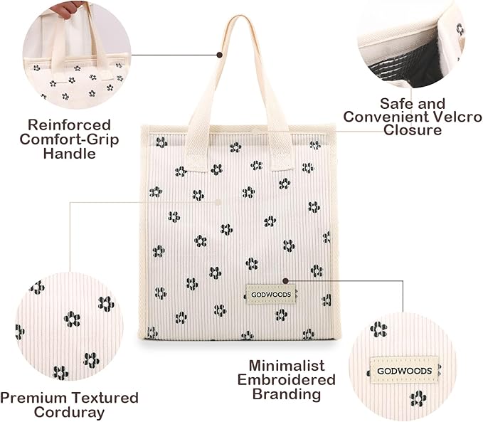 TELLUMO Corduroy Lunch Bag for Women Men Cute Lunch Bag Insulated Lunch Box with Large Capacity (7.5L) Reusable Lunchbag for Work, Picnic, Beach or Travel (S- Corduroy BlackClub)