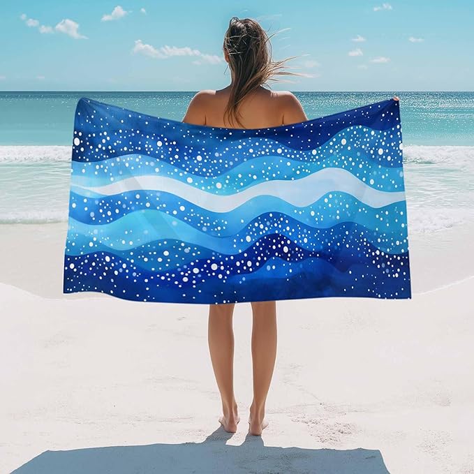 Blue Waves Stripes Beach Towel 30" x 60" White Polka Dots Abstract Watercolor Art Quick Dry Sand Free Pool Towels Soft & Absorbent Compact Towels Beach Accessories for Travel Bathroom Swimming Pool