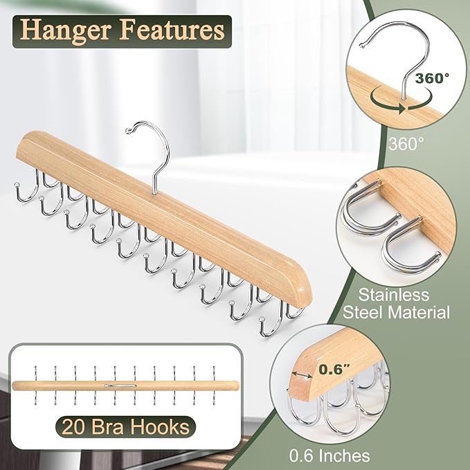 2 Pack Bra Hangers for Closet Organizer, Round Rectangle Bra Organizer with 40 Stainless Steel Hooks, Wooden Tank Top Hanger, Closet Organizers and Storage for Bras Camis Belts Ties, Natural Hanger