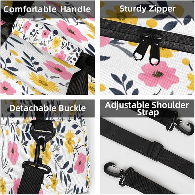 Gym Bag for Women Men, Pink Yellow Floral Travel Duffle Bags for Dance Ballet Overnight, Carry-On Weekender Bag with Detachable Shoulder Strap