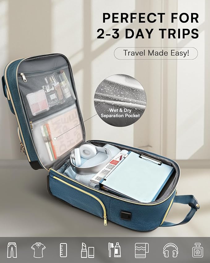 Underseat Carry On Luggage with Wheels, Airline Approved Personal Item Luggage, 16-Inch Multi-functional Underseat Luggage, Lightweight Overnight Suitcase for Women, Bussiness, Travel, Blue