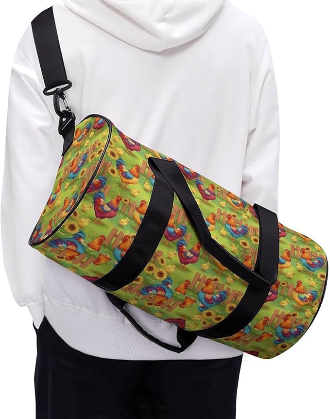 Large Capacity Carry On Weekender Overnight Bag Rooster Chicken Garden Flowers Painting Beach Swim Bags Men Women Duffle Bag for Travel, Sports