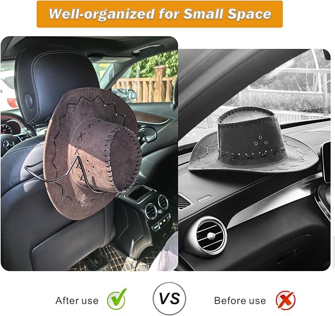 2 Pack Cowboy Hat Rack for Car Truck Accessories for Men Women Hard Hats Holder for Automotive Seat Back Storage Organizers for Hardhat Baseball Caps Stuff Valentines Gifts - Suitable for Most Hats