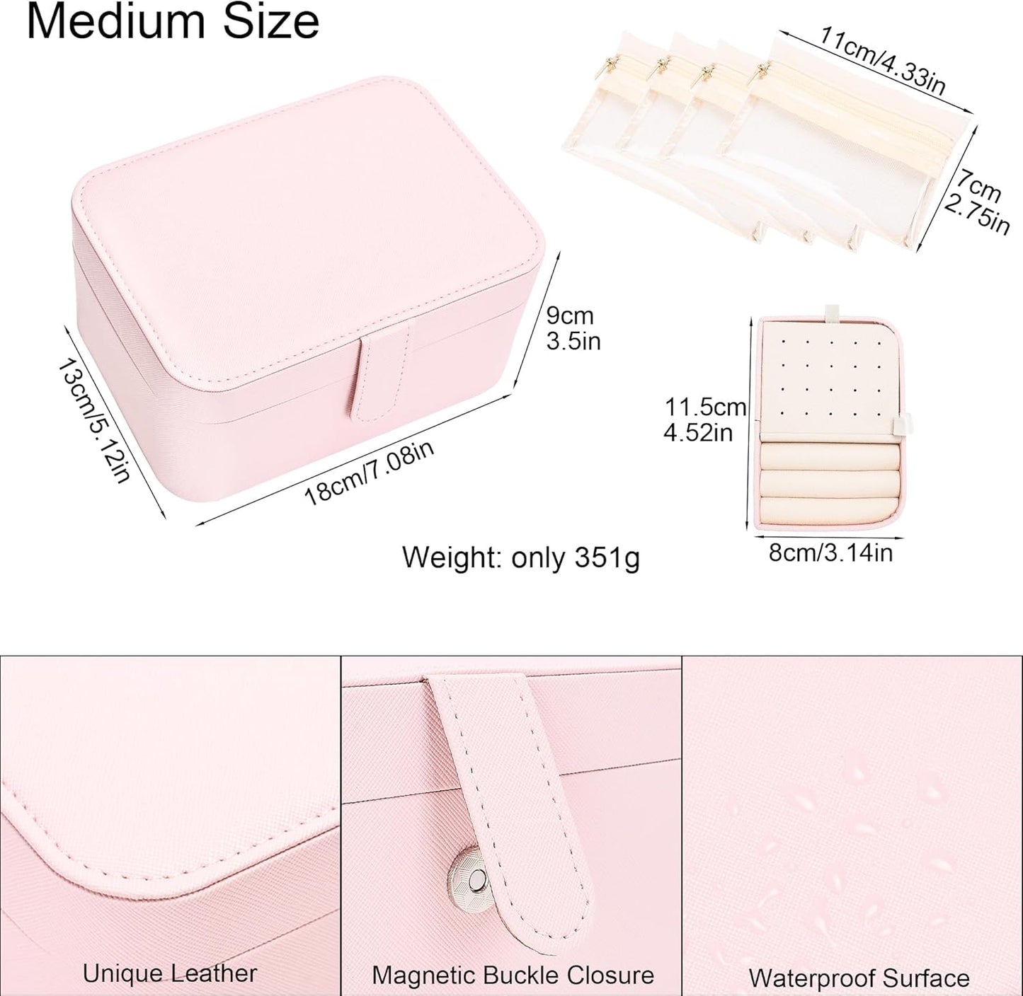 2 Layer Portable Jewelry Box, Large Jewelry Travel Case with 4 Jewelry Pouches, Medium Size Jewelry Organizer Box for Earrings, Necklaces, Bracelets (light pink)