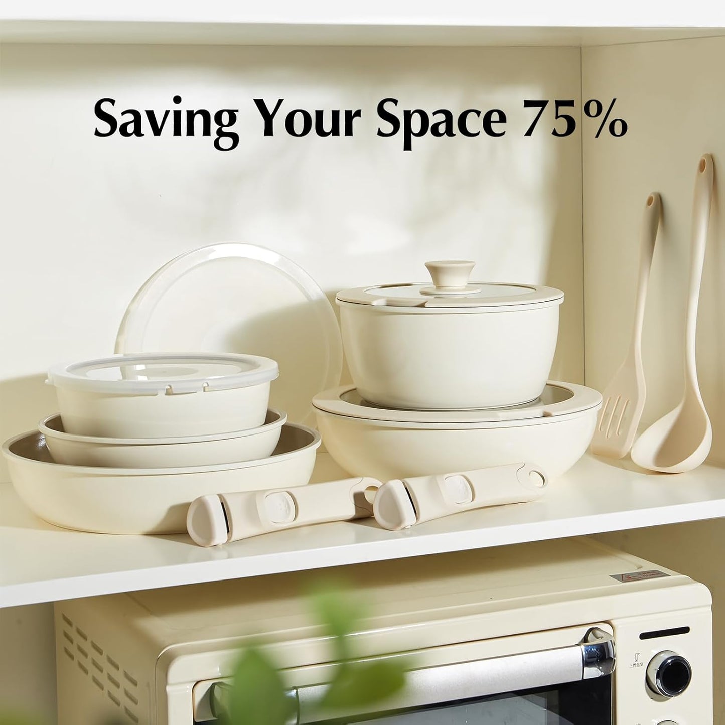 Redchef Ceramic Pots and Pans Set, Nonstick Kitchen Cookware Set with Detachable Handle, Non Toxic Cookware Set 16pcs, PFAS PFOA & PTFE Free, RV Ceramic Cookware for Camping, Dishwasher/Oven Safe