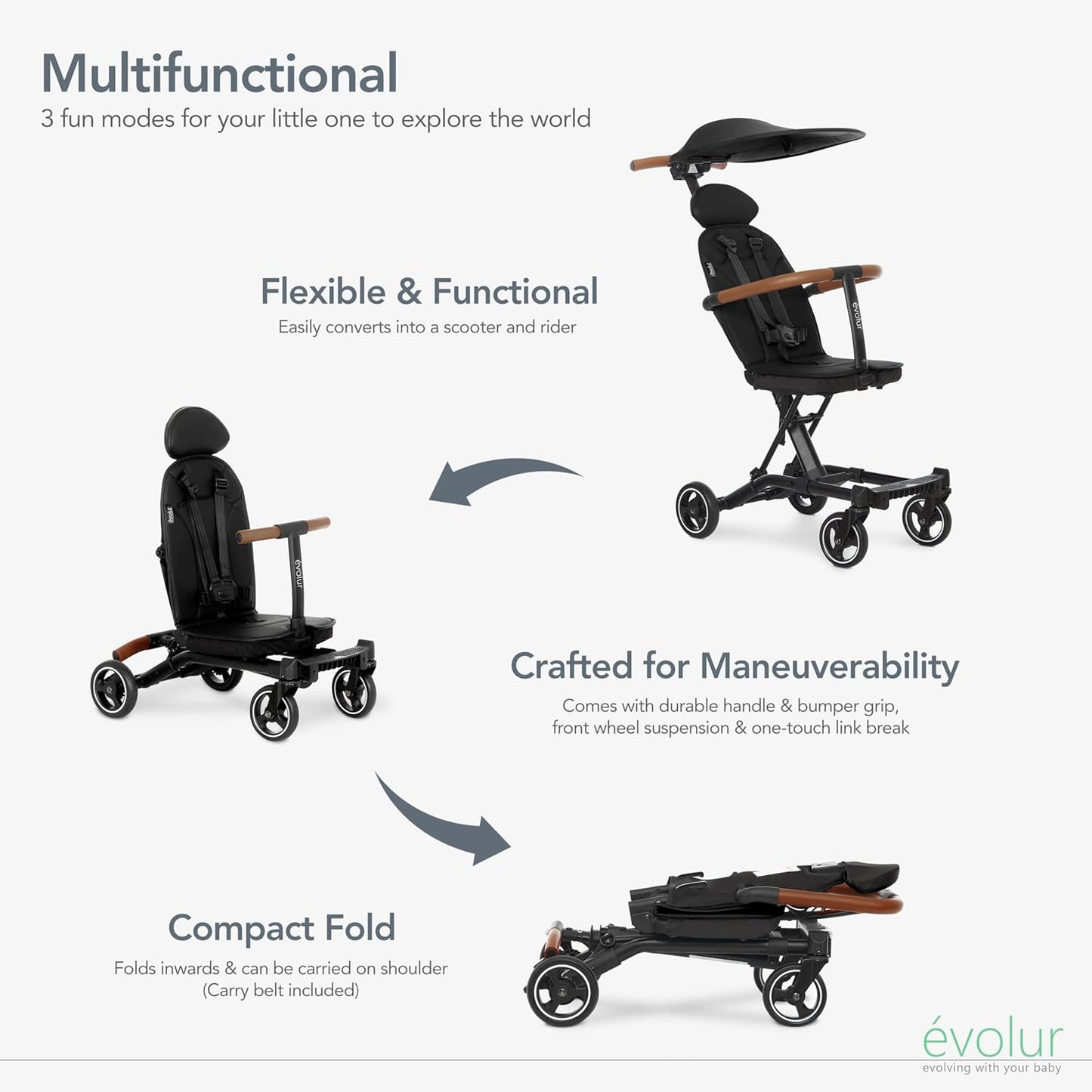 Evolur Cruise Rider Stroller with Canopy, Lightweight Umbrella Stroller with Compact Fold, Easy to Carry Travel Stroller - Noir Black