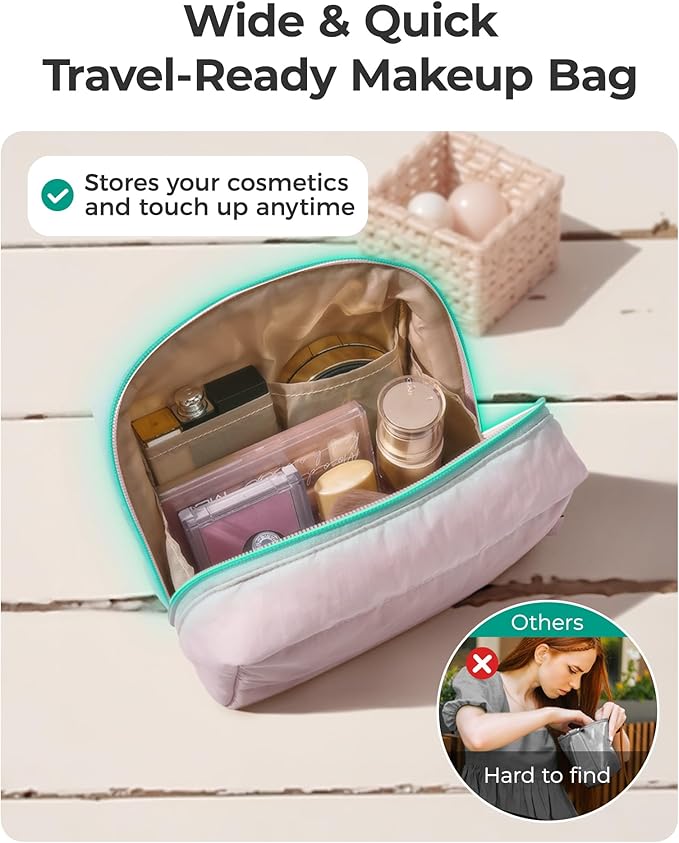 BAGSMART Makeup Bag, Wide Opening Cosmetic Bag Compact & Spacious, Water-Resistant Travel Organizer Pouches for Women (Green checkered)