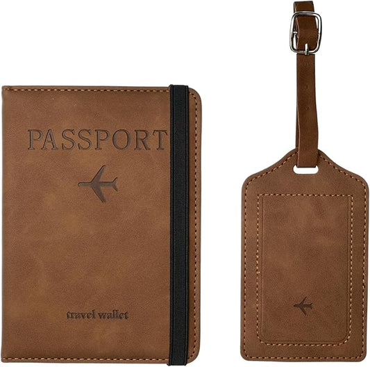Luggage Tag and Passport Holder Set,Passport Cover with Card Slot and Boarding Pass Slot Combo,Passport Travel Must Have, Waterproof and Scratch Resistant Travel Accessories（Brown）