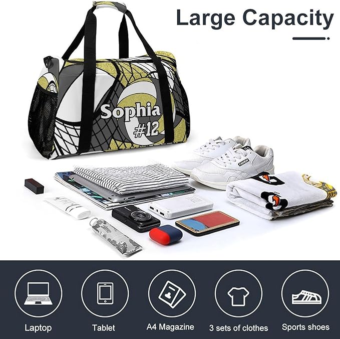 Custom Volleyball Grey Gold Duffel Bag with Name Personalized Travel Bags Sport Gym Bag Carry On Weekender Bags for Men Women