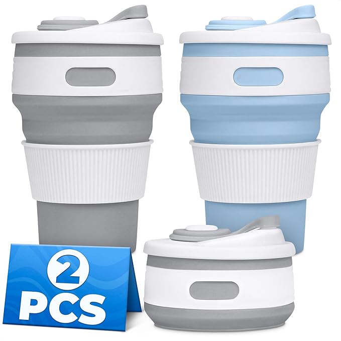 2-Pack Сollapsible Cups for Traveling Reusable – 12oz Leakproof Coffee Travel Mug, Silicone, Foldable and Portable for Hiking, Camping, Office | Lightweight Collapsible Coffee Cups for Easter Brunch