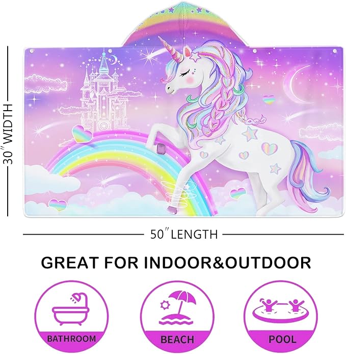 Bonsai Tree Unicorn Beach Towel, Unicorn Towel for Girls with Hood, Rainbow Unicorn Hooded Towel for Kids 30" x 50", Cute Cartoon Microfiber Absorbent Soft Bath Towel Poncho Bathrobe for Swin Pool