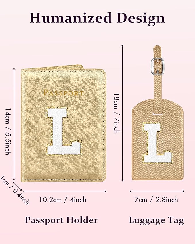 Slohif Passport Holder Initial Lugguage Tag Set Suitcase Cover Wallet Case for Travel Women - Leather Letter Passport Book Personalized Organizer Card Protector Sleeve Essentials Slim Carrier Gold L