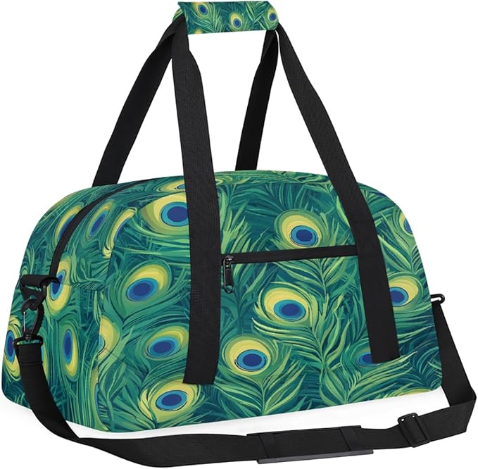 Kids Duffle Bag Girls Boys Green Peacock Feather Eyes Weekender Overnight Bag,Lightweight Duffel Bags for Traveling Gym Sport Dance