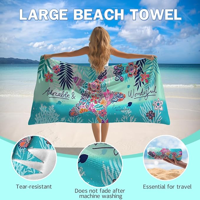 Starfish Beach Towel - 30x60 Inch Fast Dry Microfiber Towel, Lightweight & Versatile for Beach, Pool, Yoga, Travel, Ideal as Beach Blanket & Vacation Essential