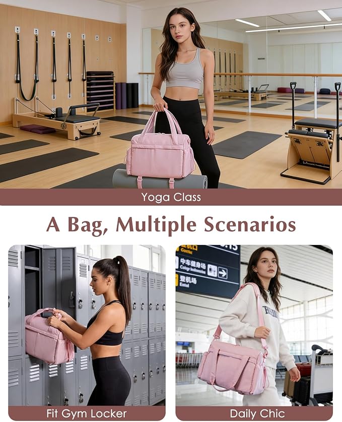 Small Gym Bag, Mini Gym Bag for Women with Yoga Mat Holder and Wet Compartment, Cute Mini Puffer Duffle Bag with Water Bottle Pocket for Workout Yoga Dance, Puffer Pink